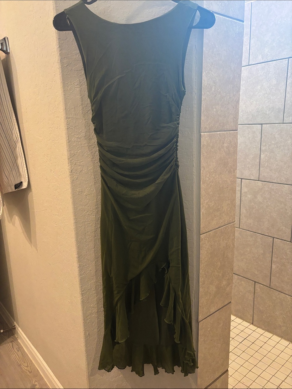 Amazon Olive Green Sleeveless High-Low Ruching Dress